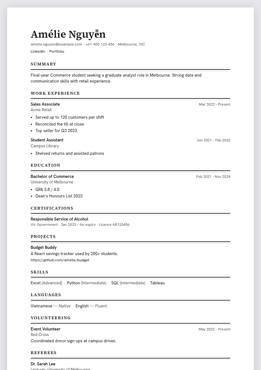 Example Career Path Pilot CV for a fictional graduate named Amélie Nguyễn